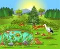 Cartoon illustration of wild animals living in the forest and coming to the pond