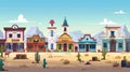 A cartoon illustration of a wild west city street with a catholic church, saloon, sheriff's office, bank, and hotel Royalty Free Stock Photo