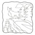 Cartoon illustration the wolf roars on the boulder book or page for kids