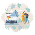 Cartoon illustration of woman come out from screen of laptop holding large loudspeaker to attract followers for blog