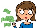 Cartoon illustration woman spend waste money