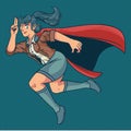 Cartoon illustration of a woman super hero. Young beautiful and strong girl in stylish colorful costume flying with funny pose. Royalty Free Stock Photo