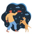 Illustration of Woman training her dog on dark backround. Royalty Free Stock Photo