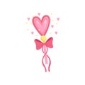 Cartoon illustration of wonderful fairy wand with pink heart and bow with ribbons. Stick with magical power spreading