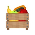 Wooden box full of fresh fruits. Ripe pomelo, bananas, pawpaw and pomegranate. Natural and healthy food. Flat vector