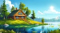 In this cartoon illustration, a wooden cottage is shown with a porch, stairs, and chimney on its roof. There are green Royalty Free Stock Photo