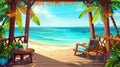 Cartoon illustration of wooden patio in bungalow house with armchair and cocktail glass on table, palm tree leaves Royalty Free Stock Photo