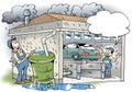 Cartoon illustration of a workshop that recyling water