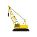 Flat vector icon of yellow crane on crawler tracks. Heavy machine with hook using in construction industry for lifting
