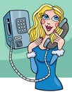 Cartoon young woman talking on an old payphone Royalty Free Stock Photo