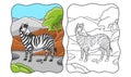 Cartoon illustration zebra walking in the forest under the mountain and looking back book or page