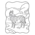 cartoon illustration zebra walking in the forest under the mountain and looking back book or page for kids