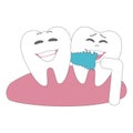 Cartoon illustrations of cute and funny teeth in mouth. Dental poster with toothbrush. Health tooth hygiene. Dental