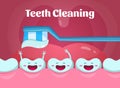 Cartoon illustrations of cute and funny teeth in mouth. Dental poster with toothbrush Royalty Free Stock Photo