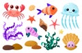 Underwater set with animals in cartoon flat style. Royalty Free Stock Photo