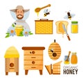 Cartoon illustrations set of beekeeper, beehive and bees