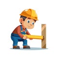 Cartoon builder measures wood with ruler for construction project Royalty Free Stock Photo