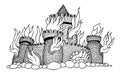 Cartoon image of burning castle
