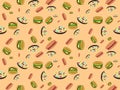 Seamless pattern cartoon characters donuts hamburgers and hot dogs on orange background.