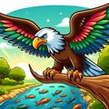 cartoon image of an eagle standing on a tree branch, looking for food Royalty Free Stock Photo