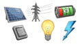Cartoon energy illustration: Solar panel, electricity pylon, battery, light bulb, switch Royalty Free Stock Photo