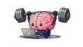 Brain Training Cartoon Brain Lifting Weights, Using Laptop Royalty Free Stock Photo