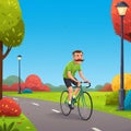A cartoon image features a man with a mustache riding a bicycle on a path. He wears Royalty Free Stock Photo