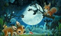 Cartoon image with forest animals by night squirrel fox owl deer - illustration