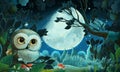 Cartoon image with forest by night - illustration for kids