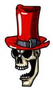 Cartoon image of laughing skull in top hat