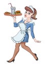 Cartoon image of Retro Pin Up painting of a 1950 waitress hold