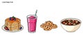 Delectable cartoon breakfast featuring pancakes, smoothie, cookies, and stew bowl Royalty Free Stock Photo