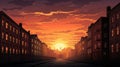 Cartoon Sunset Street Vector Illustration With British Landscape Inspiration