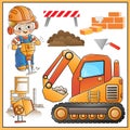 Cartoon images of big crawler excavator and worker with jackhammer. Building tools. Construction vehicles. Profession. Colorful