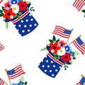 Cartoon flowers arrangement in patriotic top hats with green leaves, flags. Holiday cards, 4th of July banners Royalty Free Stock Photo