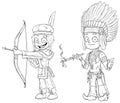 Cartoon indian chief with pipe young warrior character vector set Royalty Free Stock Photo