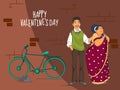 Cartoon Indian Couple Character and Bicycle on White Brick Wall for Happy Valentine\'s Day
