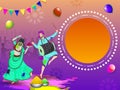 Cartoon Indian Female Dancing with Drummer Man, Gulal Bowls, Balloons, Bunting Flag Decorated Background and Given
