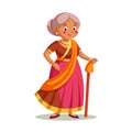 Cartoon Indian Grandmother with Saree and Walking Stick Illustration Royalty Free Stock Photo
