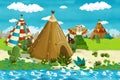 Cartoon indian tee pee village in the forest near the stream - background for different usage Royalty Free Stock Photo