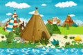 Cartoon indian tee pee village in the forest near the stream - background for different usage Royalty Free Stock Photo