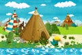 Cartoon indian tee pee village in the forest near the stream - background for different usage Royalty Free Stock Photo