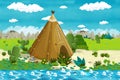 Cartoon indian tee pee village in the forest near the stream - background for different usage Royalty Free Stock Photo