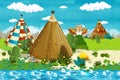 Cartoon indian tee pee village in the forest near the stream - background for different usage Royalty Free Stock Photo