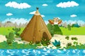 Cartoon indian tee pee village in the forest near the stream - background for different usage Royalty Free Stock Photo