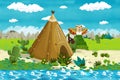 Cartoon indian tee pee village in the forest near the stream - background for different usage Royalty Free Stock Photo