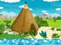 Cartoon indian tee pee village in the forest near the stream - background for different usage Royalty Free Stock Photo