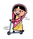 Cartoon Indian Woman Rides the kick scooter