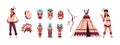 Cartoon Indians. Aztec or Maya persons. Man or woman with ritual shaman Tiki mask, feather headwear and totem. Tribal