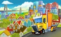 cartoon industrial truck through the city illustration artistic painting style